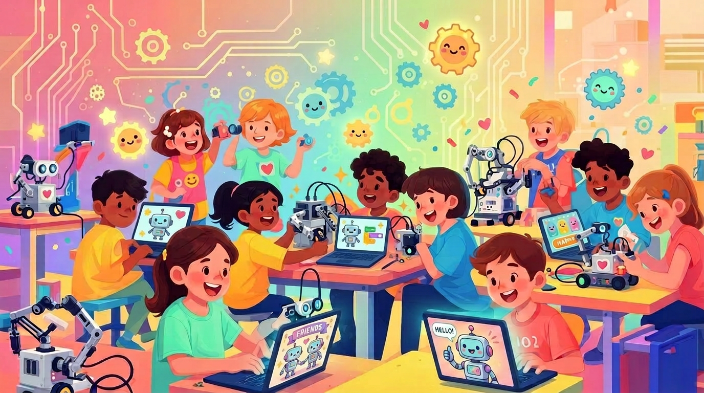 Diverse children building robots and coding together